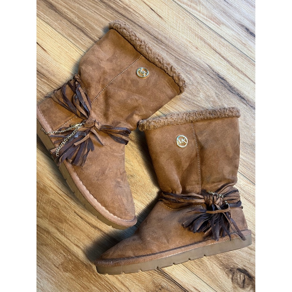 Michael Kors 3 Pamina Boots Boho Faux Fur Fringe Honey Brown Chain Detail